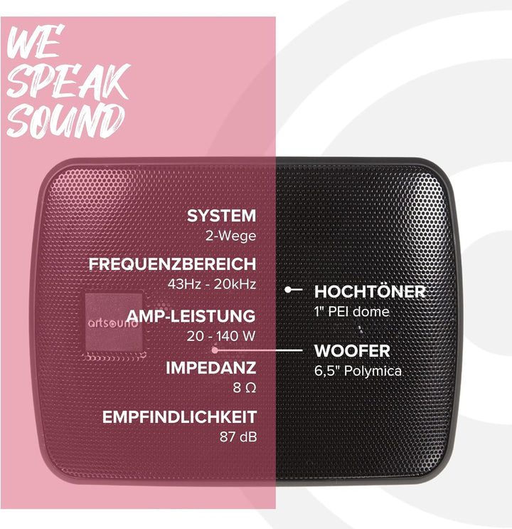 Artsound ASW65.2, 2er-Set wasserdichte Lautsprecher, 2-Wege-HiFi-Lautsprecher, 20-140 Watt, mit Wand