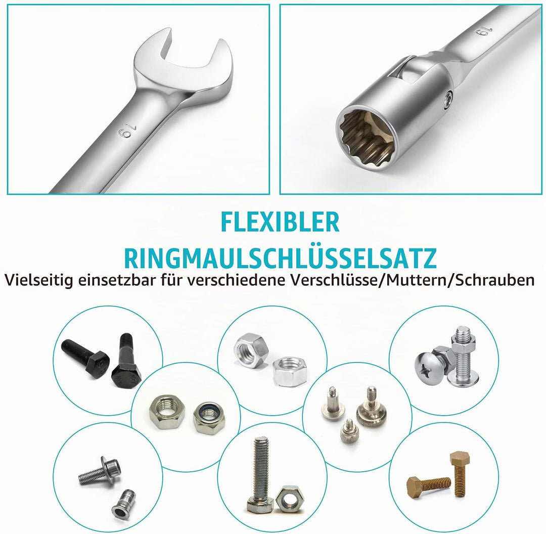 DURATECH Offener Ring-Steckschlüssel-Satz, Maul-Ringschlüssel mit flexiblen Köpfen Schraubenschlüsse