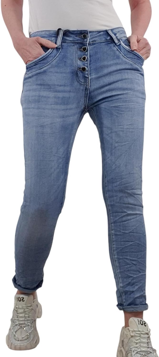 Jewelly Stretch Jeans| im Baggy Boyfriend Schnitt| Damen Hose mit dekorativer Knopfleiste| Perfekter