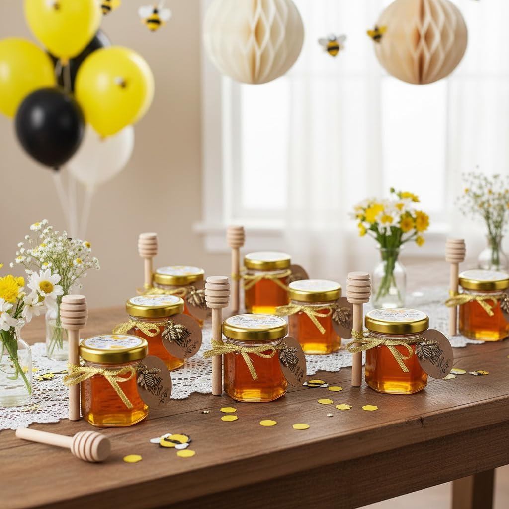 Ahhute Kleine Honiggläser, Honigglas mit Honiglöffel, Kleine Gläser mit Bienen Anhänger, Mini Honigt