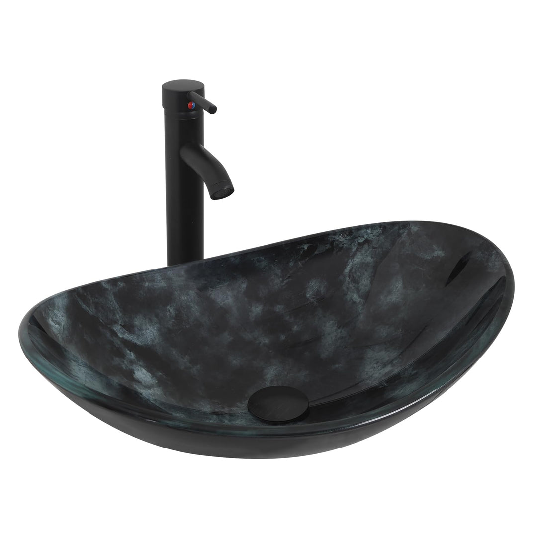 YU YUSING Waschbecken Glas Aufsatzwaschbecken Oval mit Wasserhahn Set, Waschtisch für Badezimmer Küc