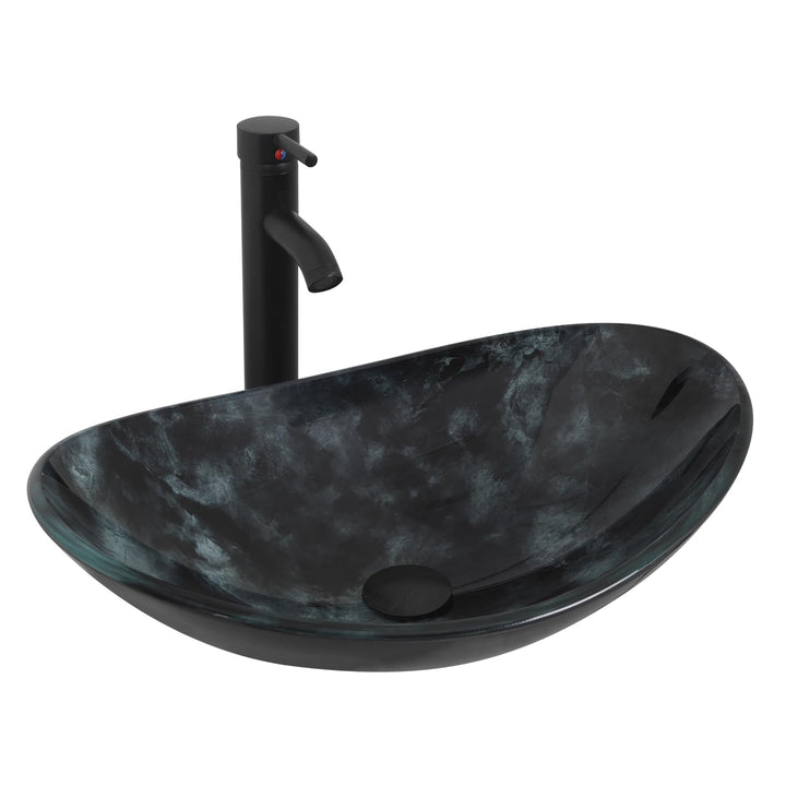 YU YUSING Waschbecken Glas Aufsatzwaschbecken Oval mit Wasserhahn Set, Waschtisch für Badezimmer Küc