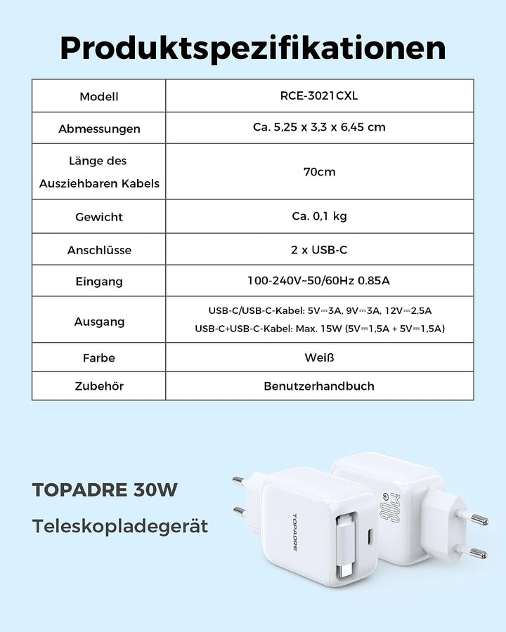 30W USB C Ladegerät, Schnellladegerät mit Einziehbares Ladekabel, GaN Ladestecker USBC PD 3.0 Power