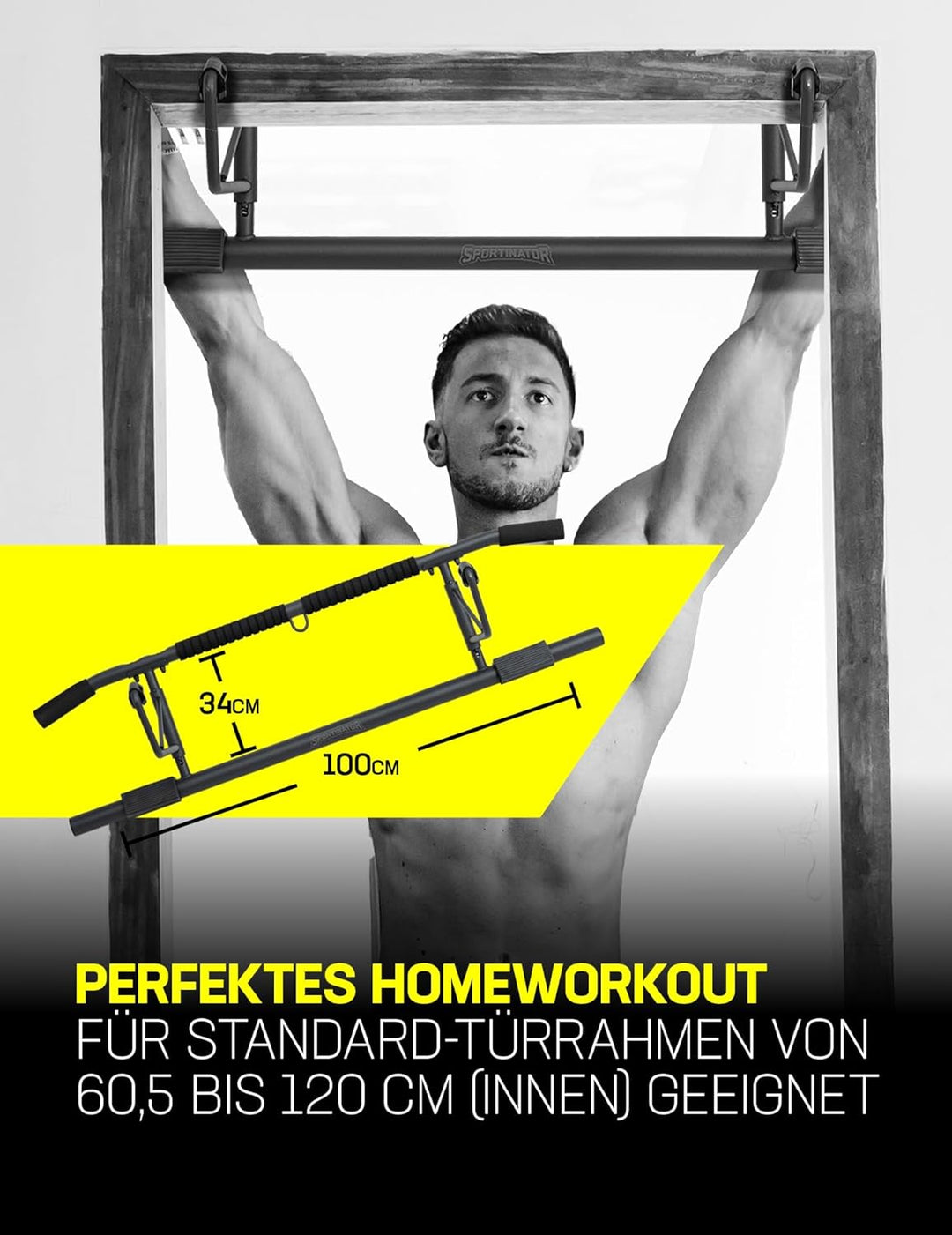 SPORTINATOR® Premium Klimmzugstange für jeden Standard Türrahmen, Masse 100 x 27 x 34 cm, mit gepols