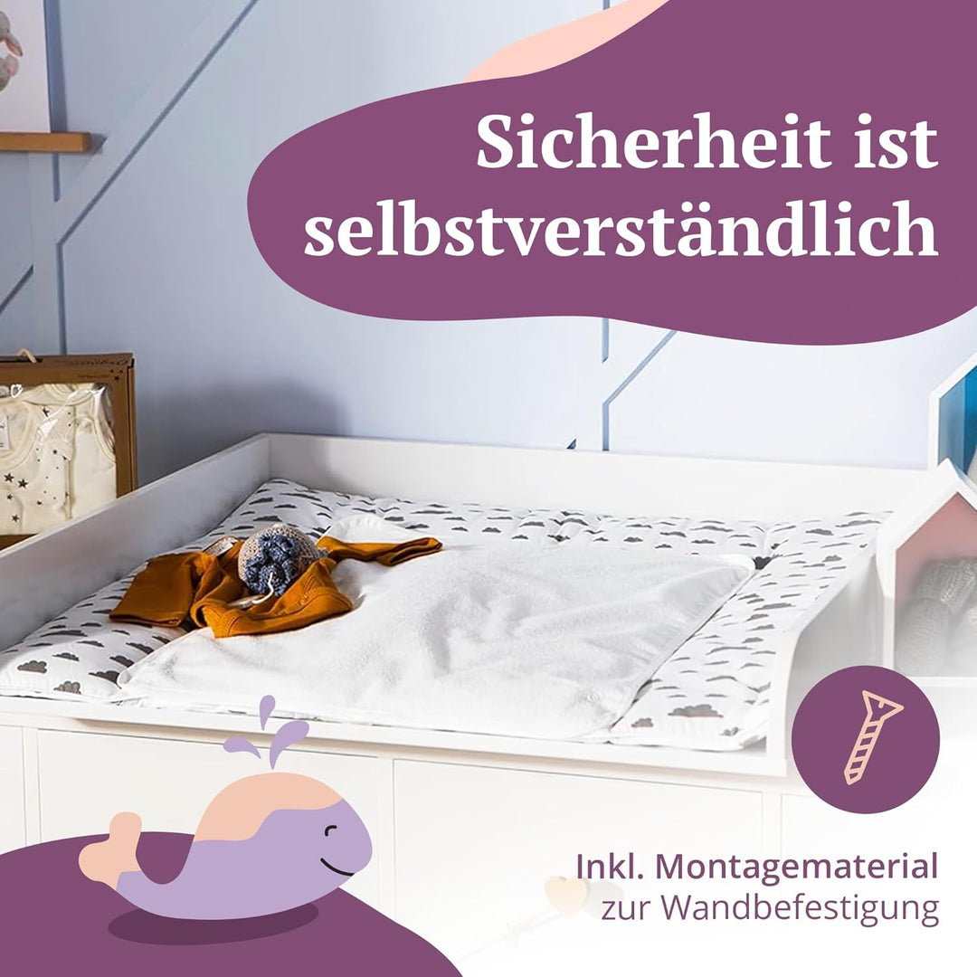 Puckdaddy Wickelaufsatz Levi | 160x80x10 cm | MDF-Holz in Weiss | hochwertiger Wickeltischaufsatz |