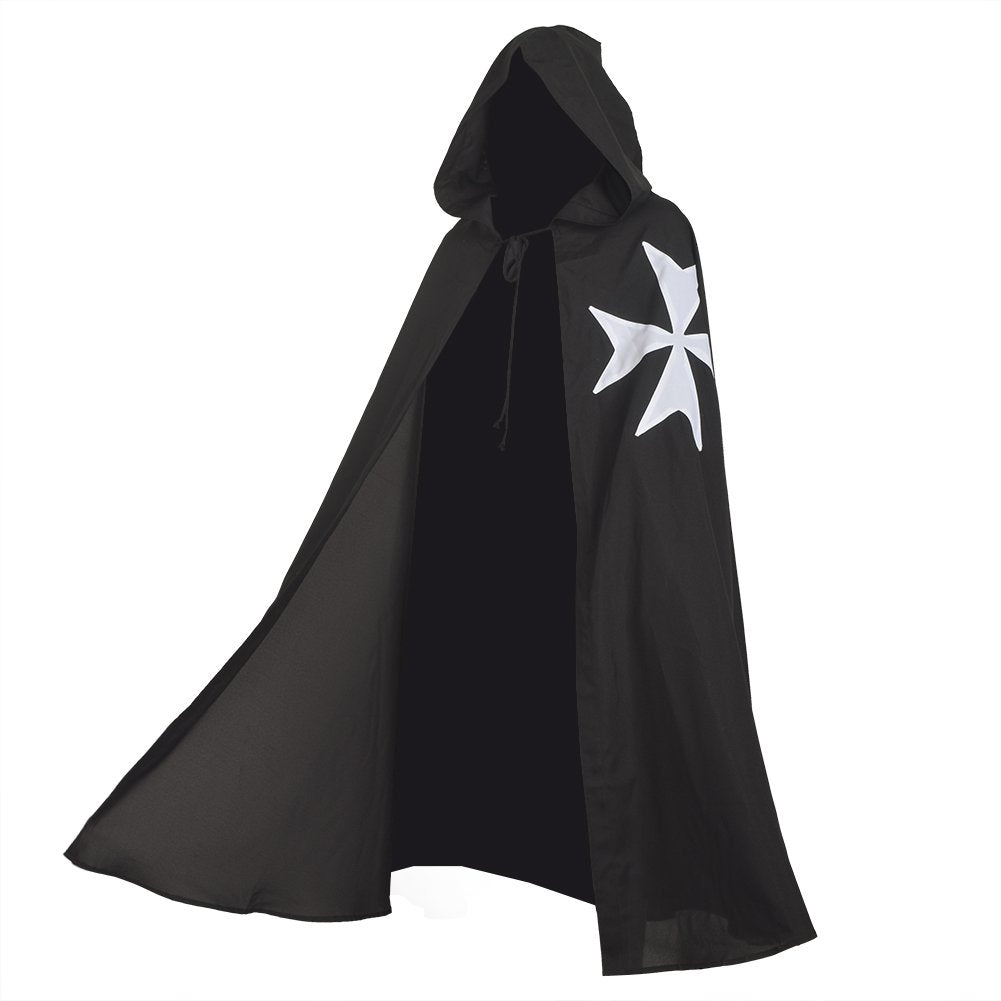 BLESSUME Mittelalter Ritter Kostüm Hospitaller Karneval LARP Cospaly, Schwarz Cloak mit Weisses Kreu