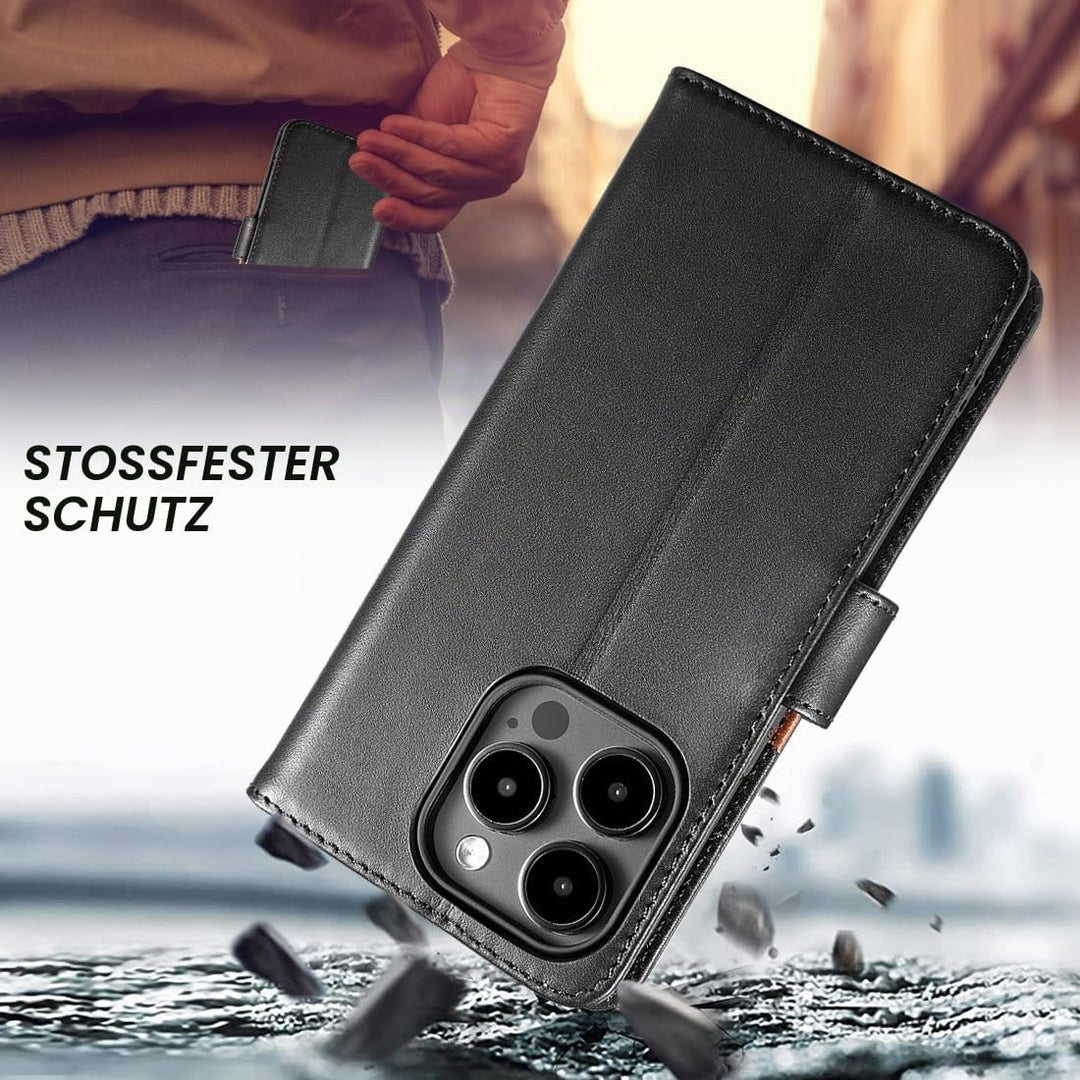 LENSUN Echtleder Hülle für iPhone 15 Pro, Handyhülle [Echtes Leder][Magnetverschluss][RFID Schutz] H