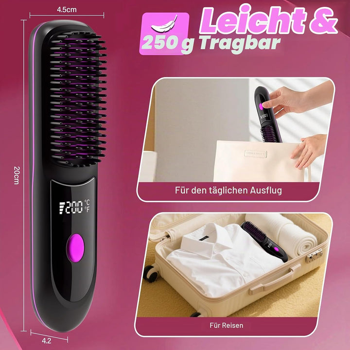 Kabellose Glättbürste, Mini Haarglätter Bürste, Negativ Ionen Glätteisen, Haarglätterbürste mit LED-
