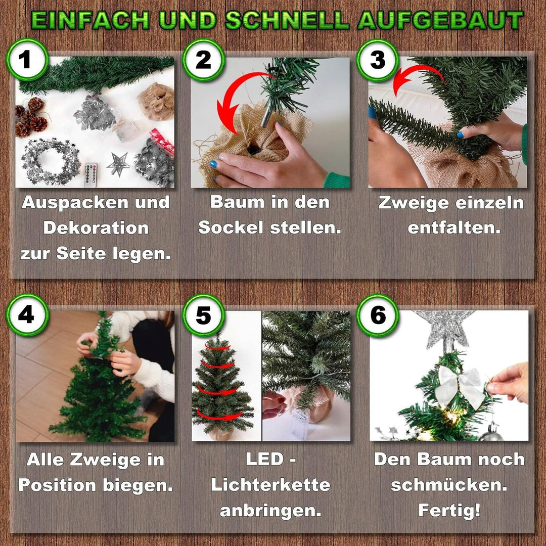 Weihnachtsbaum künstlich (WBD) 75 cm grün mit Weihnachtsdeko Silber und Led Lichterkette mit Batteri