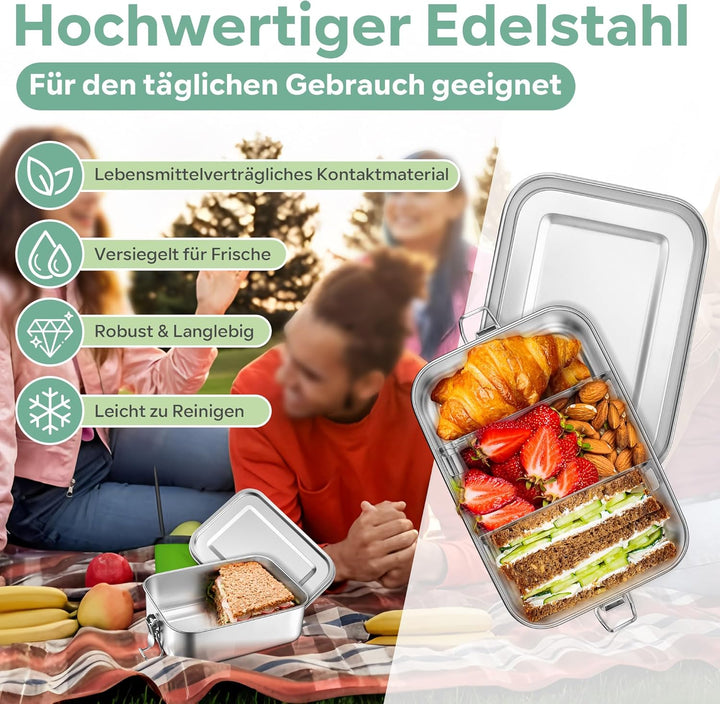 Joyfair Brotdose mit Fächern, 1400ml Edelstahl Bento Box mit 2 Abnehmbar Fächern für Erwachsene & Ki