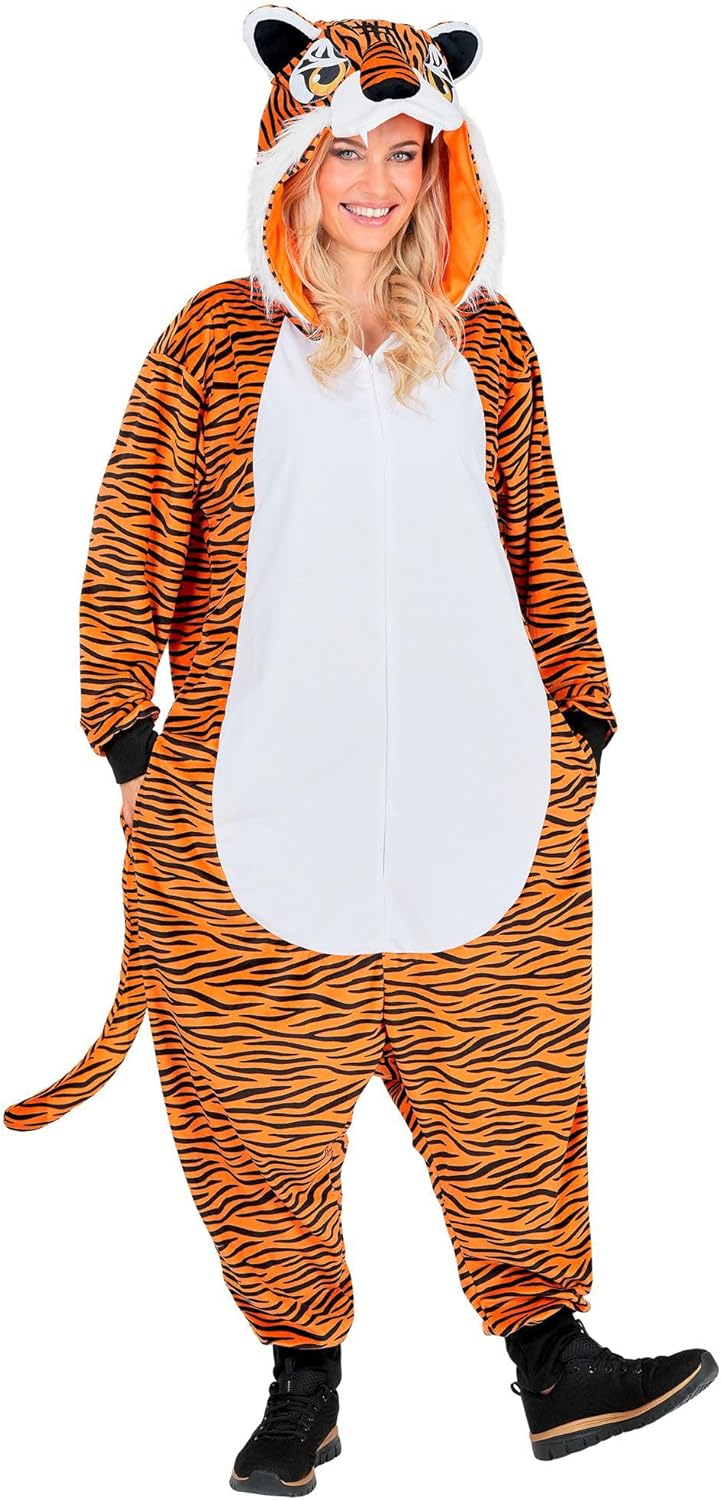 W WIDMANN MILANO Party Fashion - Tier Overall für Erwachsene, weicher Plüsch Jumpsuit mit Kapuze, Ti