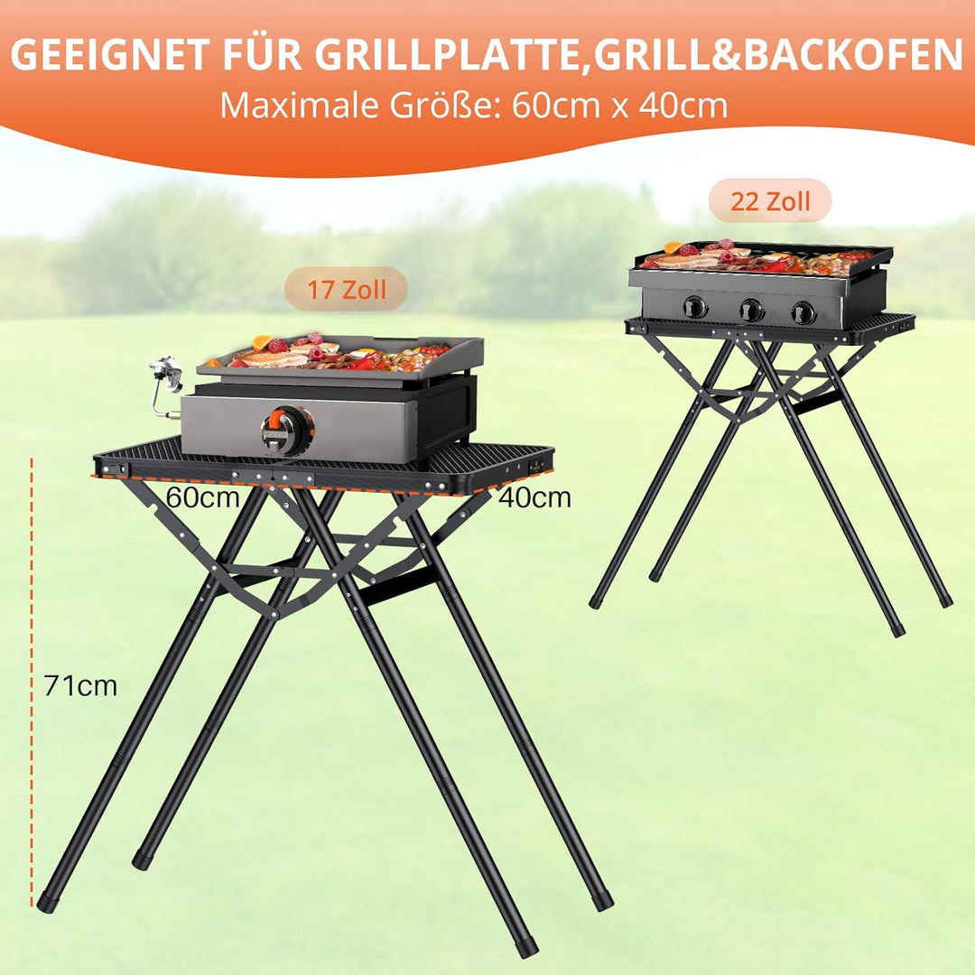 FUNYKICH Tragbarer Grilltisch 60 x 40cm,X form Campingtisch Outdoor Klappbar mit 3 Höhenverstellbar(