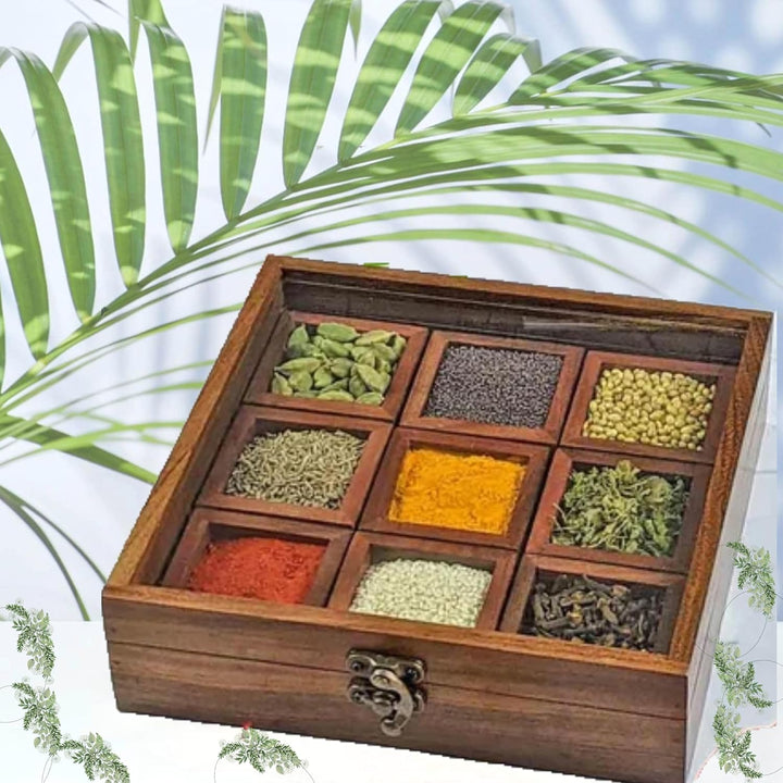 Wooden Spice Box with Glass Lid – 9-Compartment Masala Dabba Organizer with Spoon – Spice Storage Co