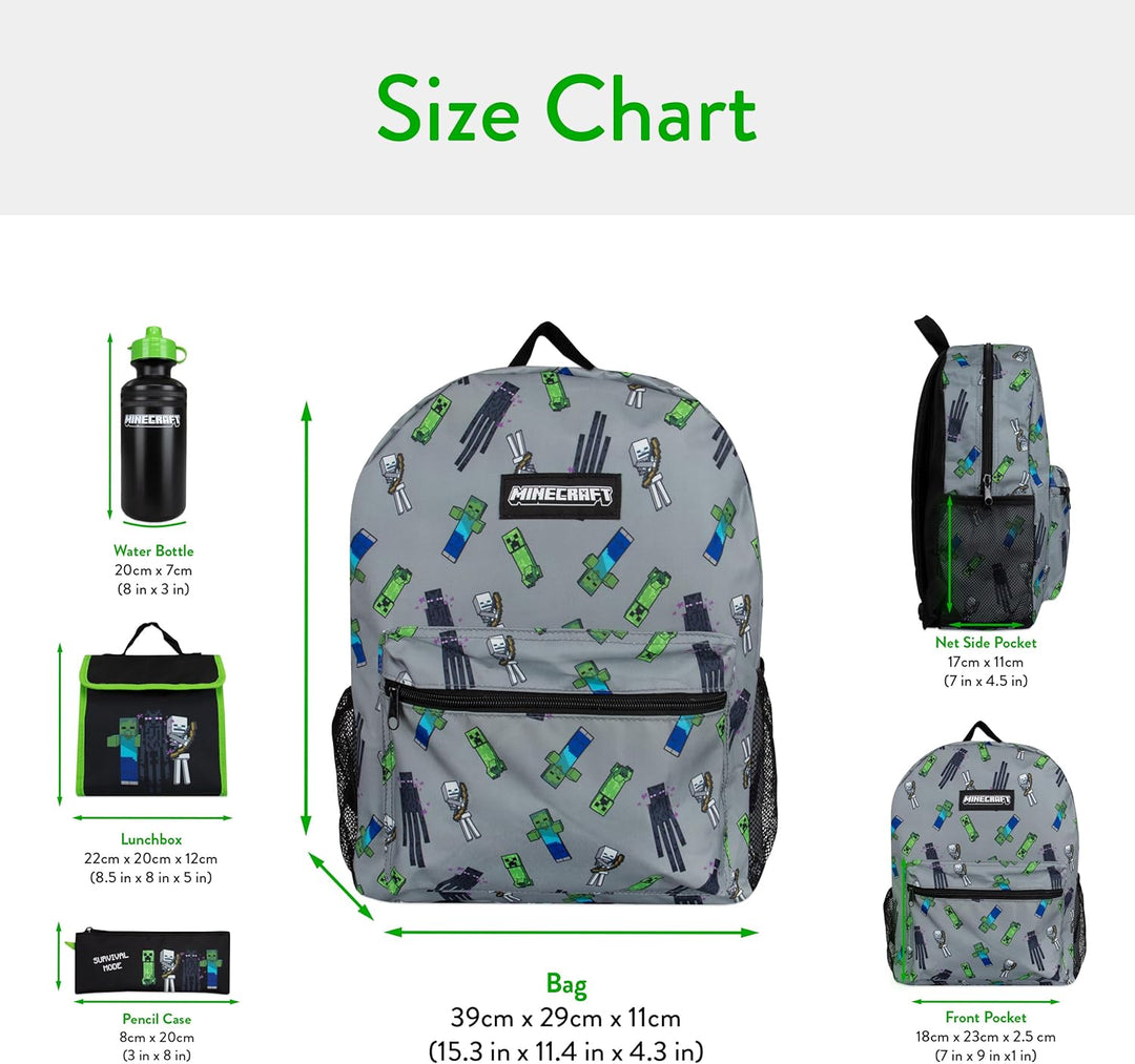 Minecraft Schulranzen Set | Creeper Kinderrucksack | Schulrucksäcke, Brotdosen & Wasserflaschen Set