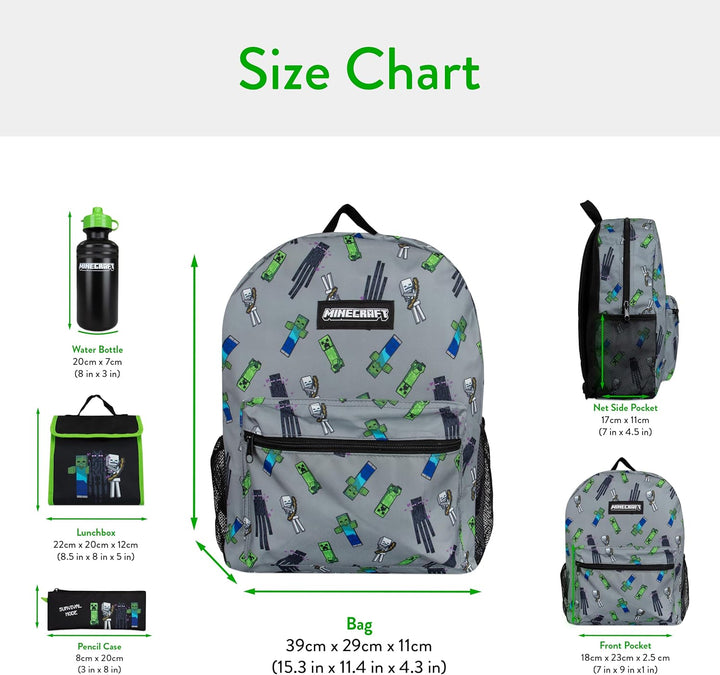 Minecraft Schulranzen Set | Creeper Kinderrucksack | Schulrucksäcke, Brotdosen & Wasserflaschen Set