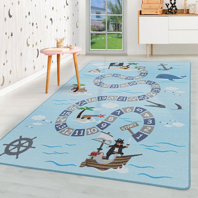 HomebyHome Kinderteppich Kurzflor Seefahrt Pirate Design Kinderzimmer Babyzimmer Spielzimmer 8 mm Fl