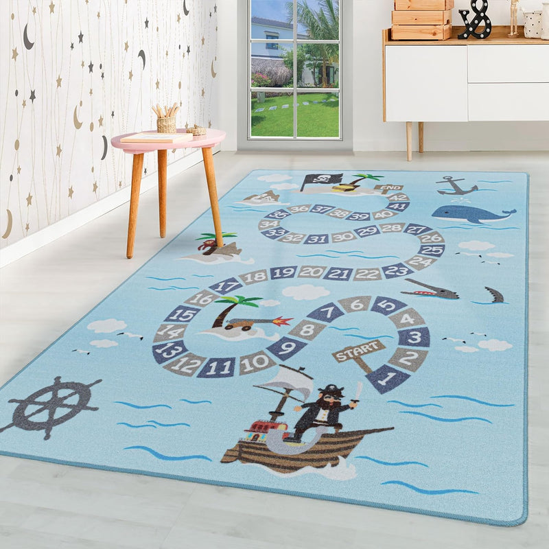 HomebyHome Kinderteppich Kurzflor Seefahrt Pirate Design Kinderzimmer Babyzimmer Spielzimmer 8 mm Fl