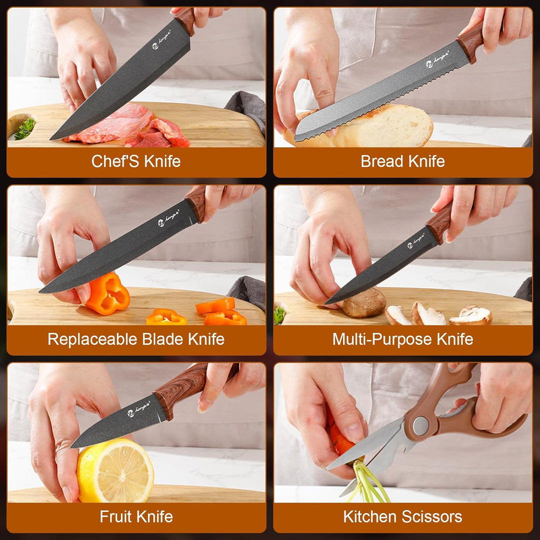 Messerset mit Messerblock, 7-Teilig Hochwertige Edelstahl Küchenmesser mit ergonomischen Griffen, Me