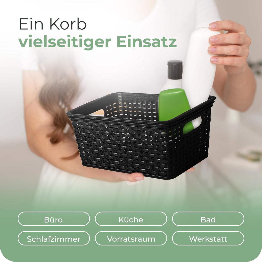 Novaliv 6x Aufbewahrungskorb in Rattan-Optik ohne Deckel | Schwarz Kunststoff 5L Nestbar Storage box