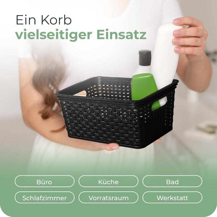 Novaliv 6x Aufbewahrungskorb in Rattan-Optik ohne Deckel | Schwarz Kunststoff 5L Nestbar Storage box