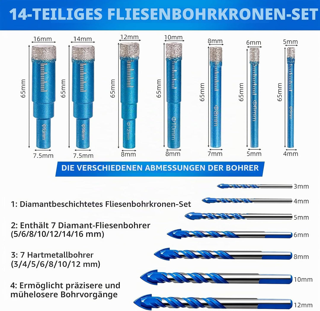 14 Stück Fliesenbohrer Set, 7 Stück Diamantbohrer 5/6/8/10/12/14/16mm und 7 Stück 3/4/5/6/8/10/12mm
