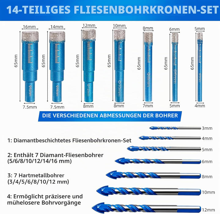 14 Stück Fliesenbohrer Set, 7 Stück Diamantbohrer 5/6/8/10/12/14/16mm und 7 Stück 3/4/5/6/8/10/12mm