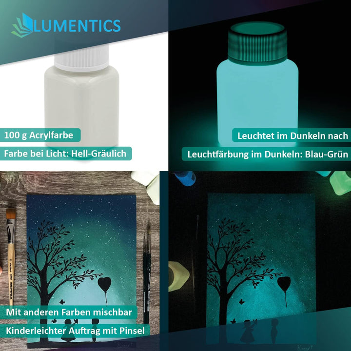 lumentics Premium Leuchtfarbe GrünBlau 100g - Im Dunkeln leuchtende Malfarbe, Nachleuchtfarbe, nachl