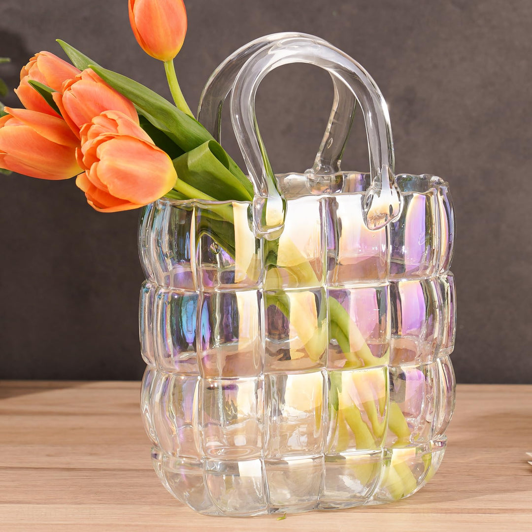 NiHome Glas-Geldbörsen-Vase, schillernde Glas-Taschen-Vase mit Griff, Handtaschen-Form, Vase für Blu