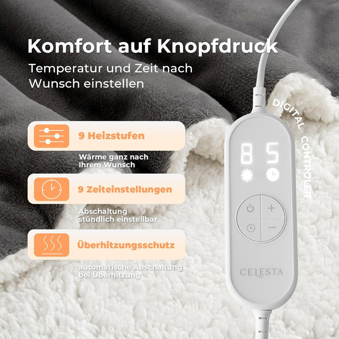 CELESTA Wärmedecke Heizdecke mit Abschaltautomatik, Heizdecke 160x120, 9 Heizstufen 1-9H Timer Auto-