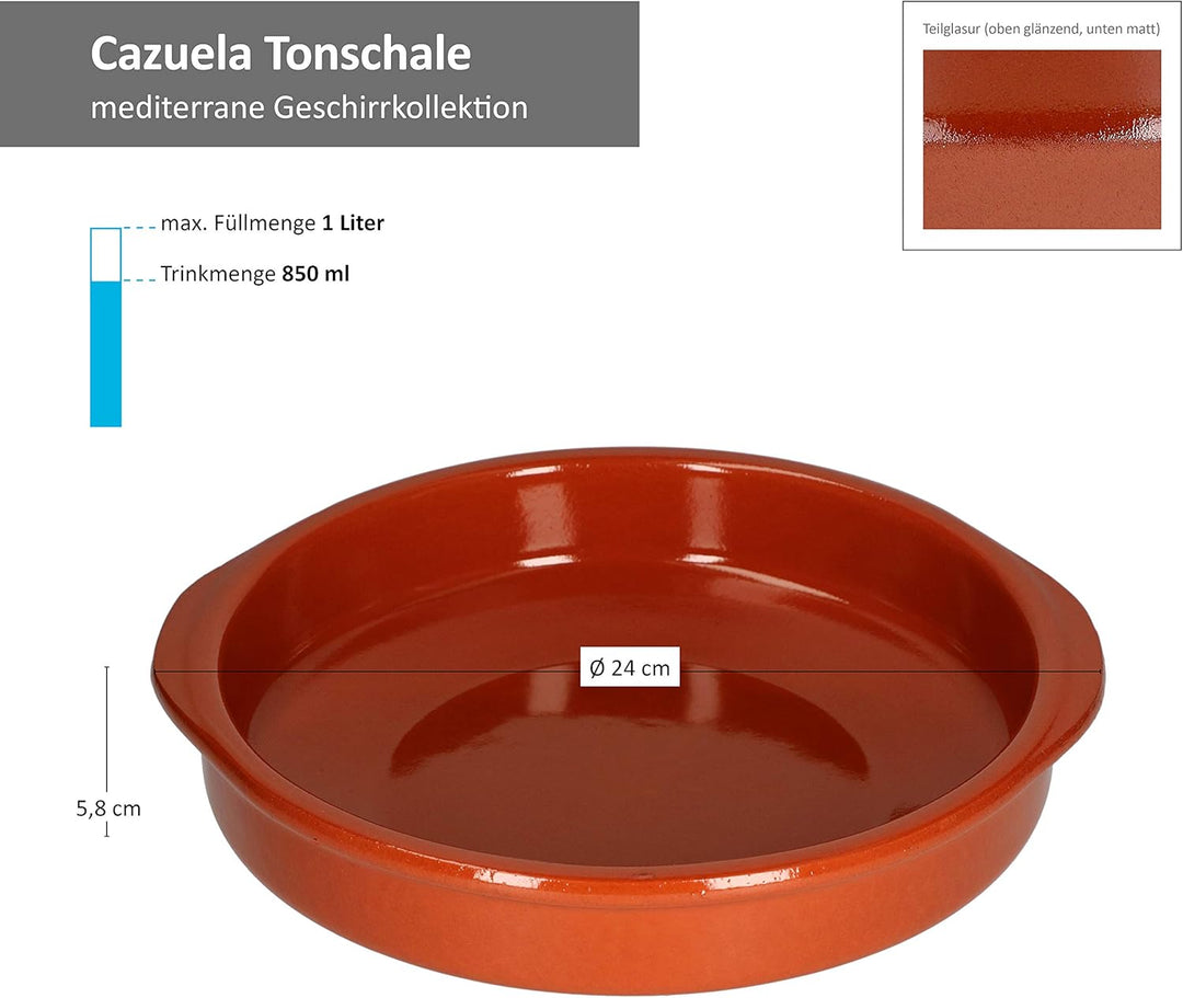 MamboCat Cazuela mit Griff 6er Set Schalen Bernd 850ml Auflaufform rund 24cm aus Ton glasiert Grösse