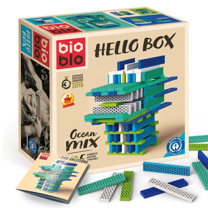 bioblo Hello Box Ocean Mix mit 100 Stück | Nachhaltige Bunte Bauklötze für Kinder ab 3 Jahren | Holz