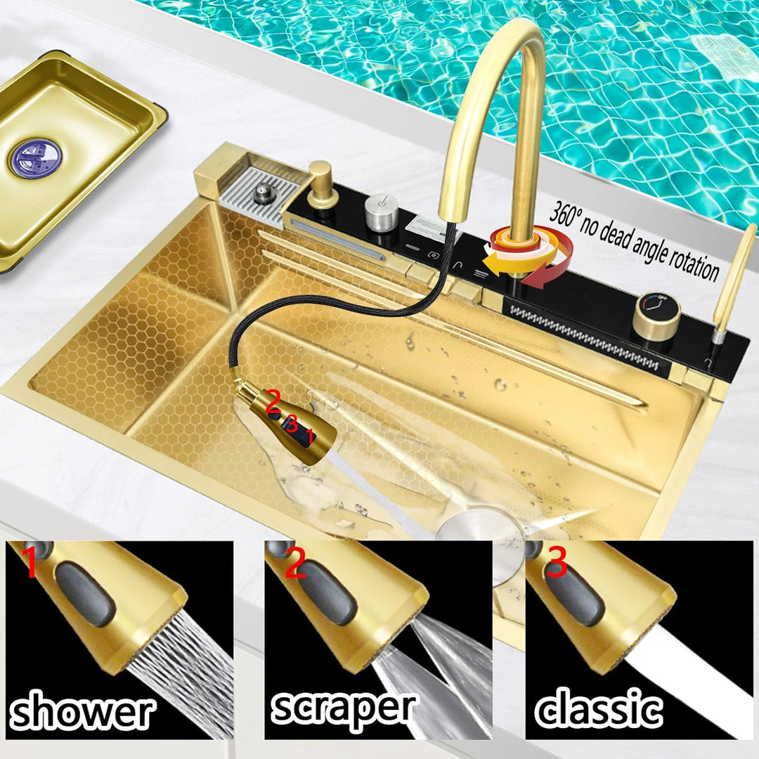 BIGYOUZI Schwarzes Spüle mit Ausziehbare Wasserhähne und Wasserfall Spüle Küche mit Gemüse Und Gesch