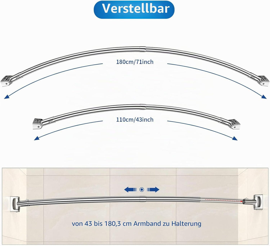 Duschvorhangstange Gebogene inkl. 24 Ringe - Stabile Winkelstange Duschvorhang ohne Deckenhalterung
