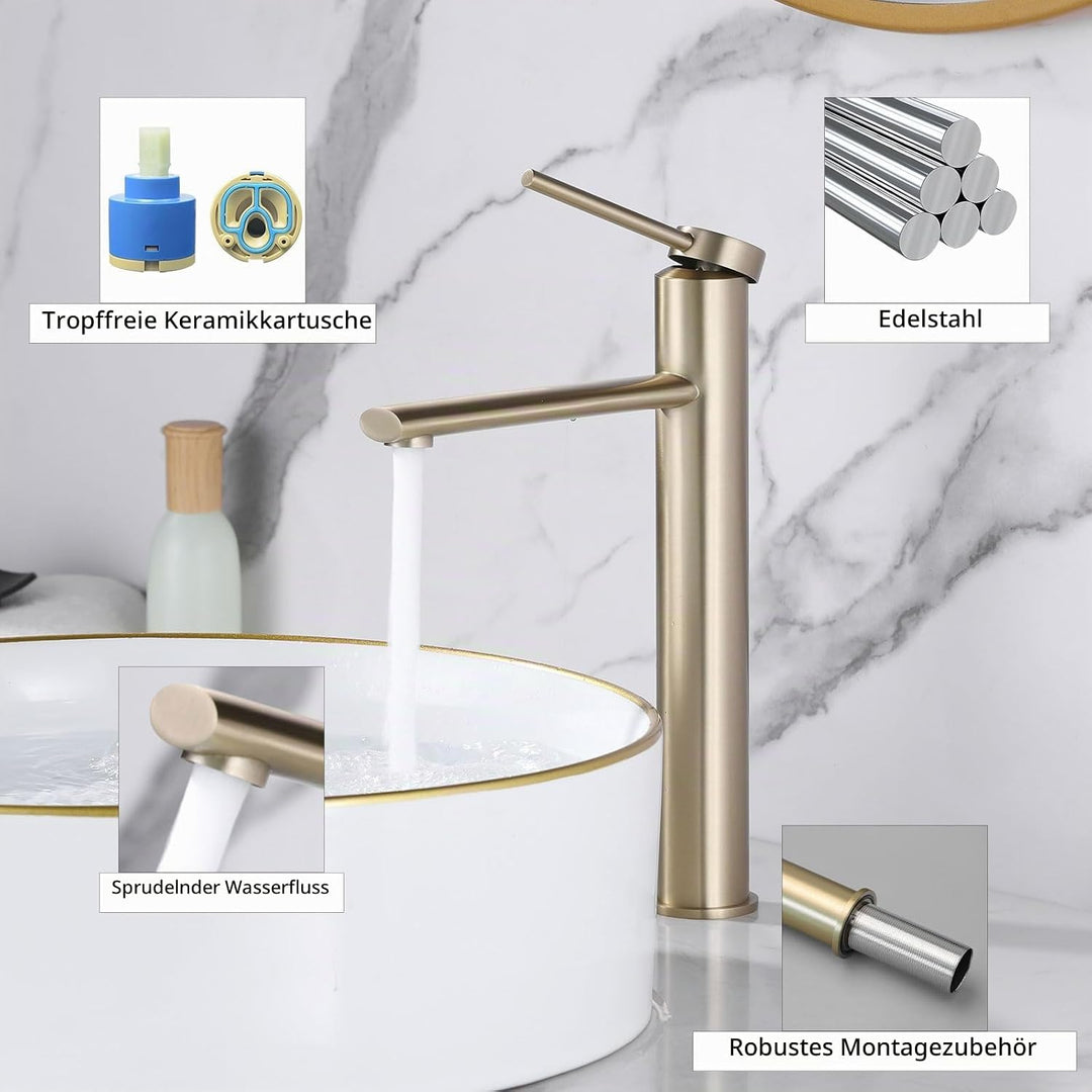 PHASAT Wasserhahn Bad Gold Mischbatterie Einhebelmischer Waschbecken Armaturen Waschtischarmatur Hoc