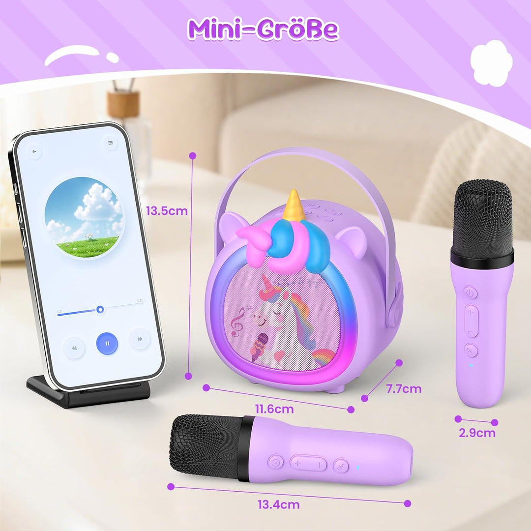 Kinder Karaoke Maschine mit 2 kabellosen Bluetooth Mikrofonen, Kompaktes Einhorn Musikspielzeug mit