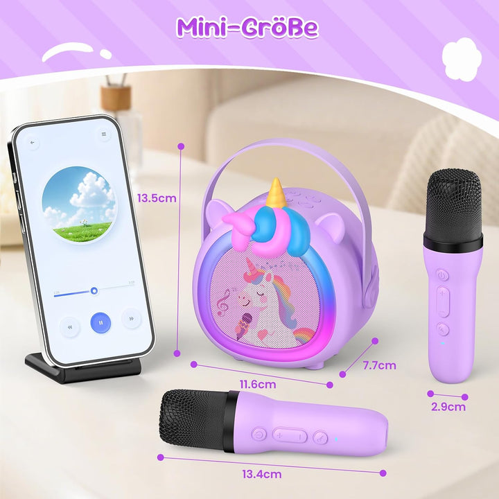 Kinder Karaoke Maschine mit 2 kabellosen Bluetooth Mikrofonen, Kompaktes Einhorn Musikspielzeug mit