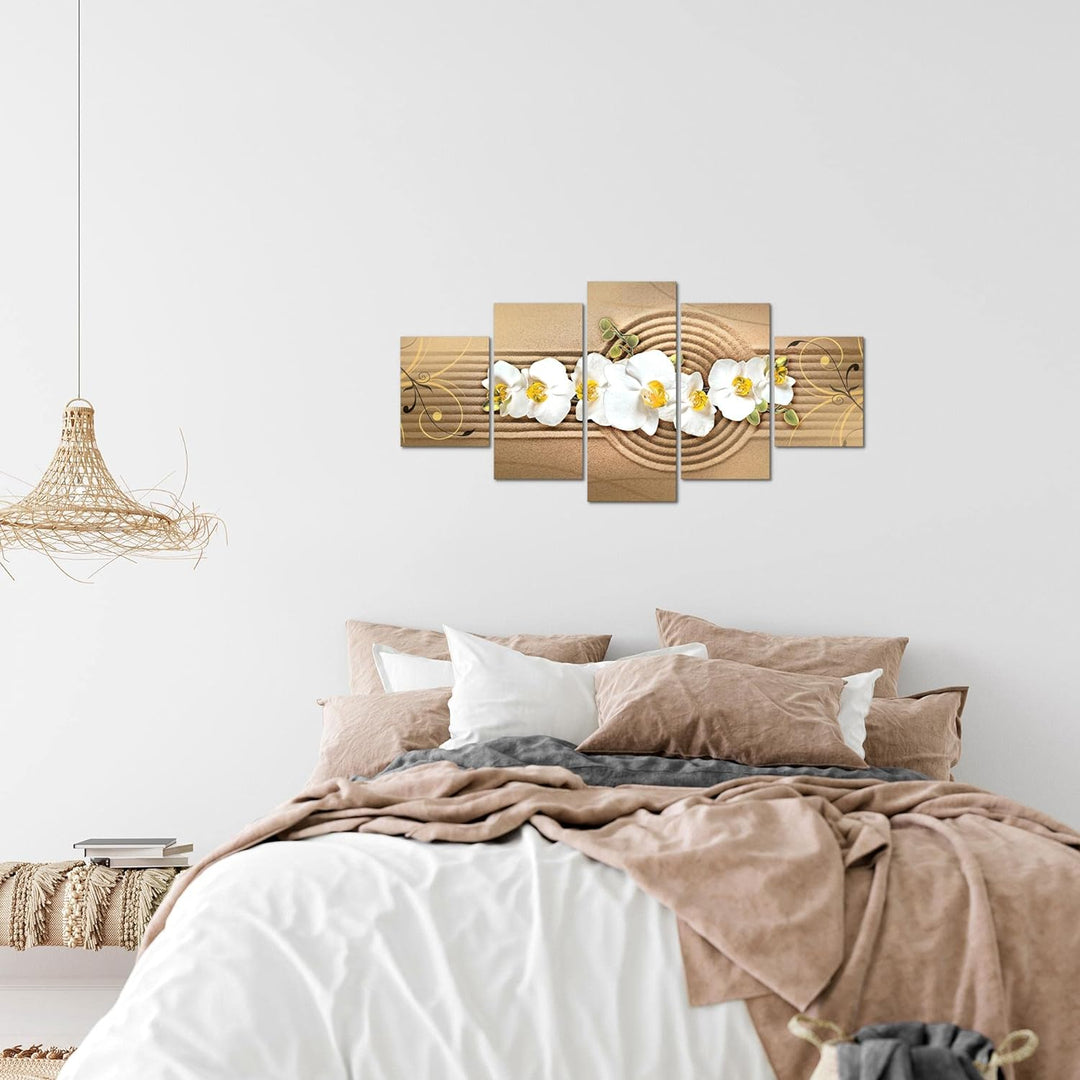 Runa Art Wandbilder Blumen Orchidee 5 Teilig Bild auf Vlies Leinwand Deko Wohnzimmer Sand Beige Brau
