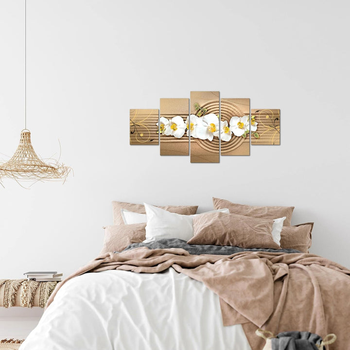 Runa Art Wandbilder Blumen Orchidee 5 Teilig Bild auf Vlies Leinwand Deko Wohnzimmer Sand Beige Brau