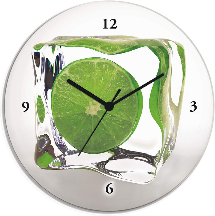 ARTLAND Wanduhr ohne Tickgeräusche Glas Quarzuhr Ø 30 cm Rund Lautlos Obst Früchte Limette im Eiswür