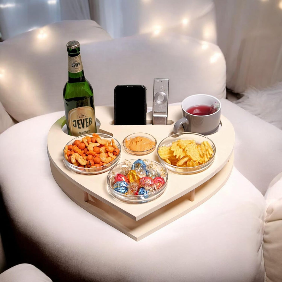 Herz Couchbar in Weiss mit 4 Glasschalen - Couch Tablett für Snacks & Getränke [stabil & sicher] Sna