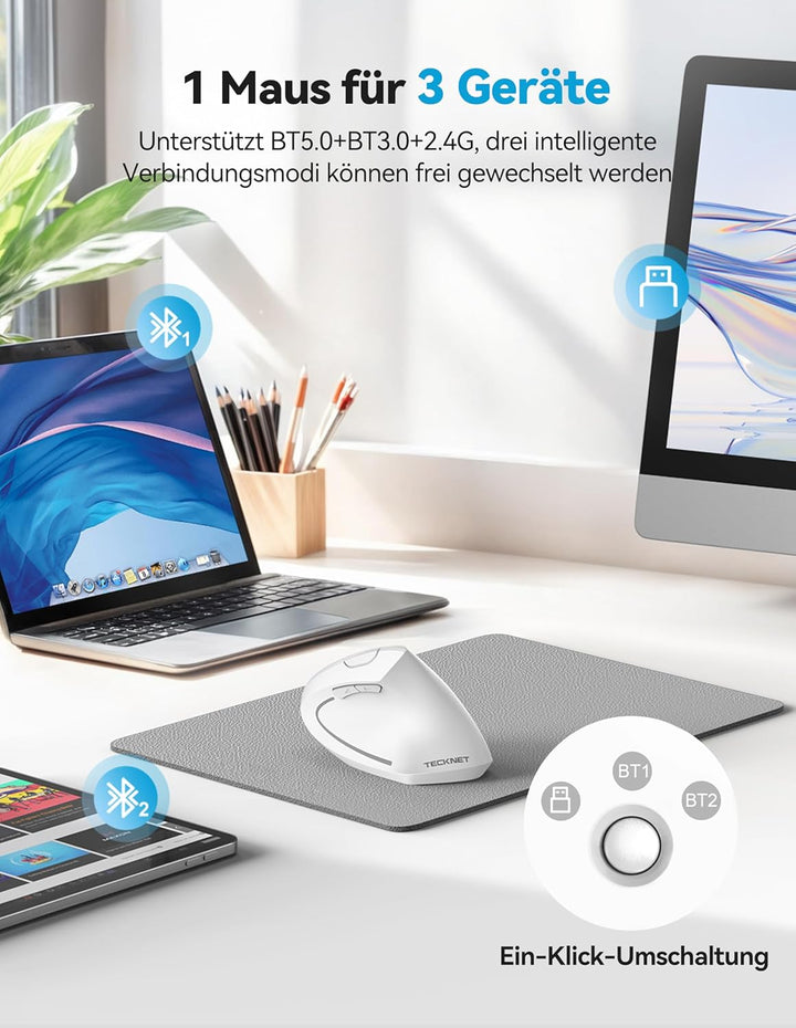 TECKNET Ergonomische Bluetooth Maus, Wiederaufladbar Kabellose Vertikale Maus (BT 5.0/3.0 + 2.4G), 6