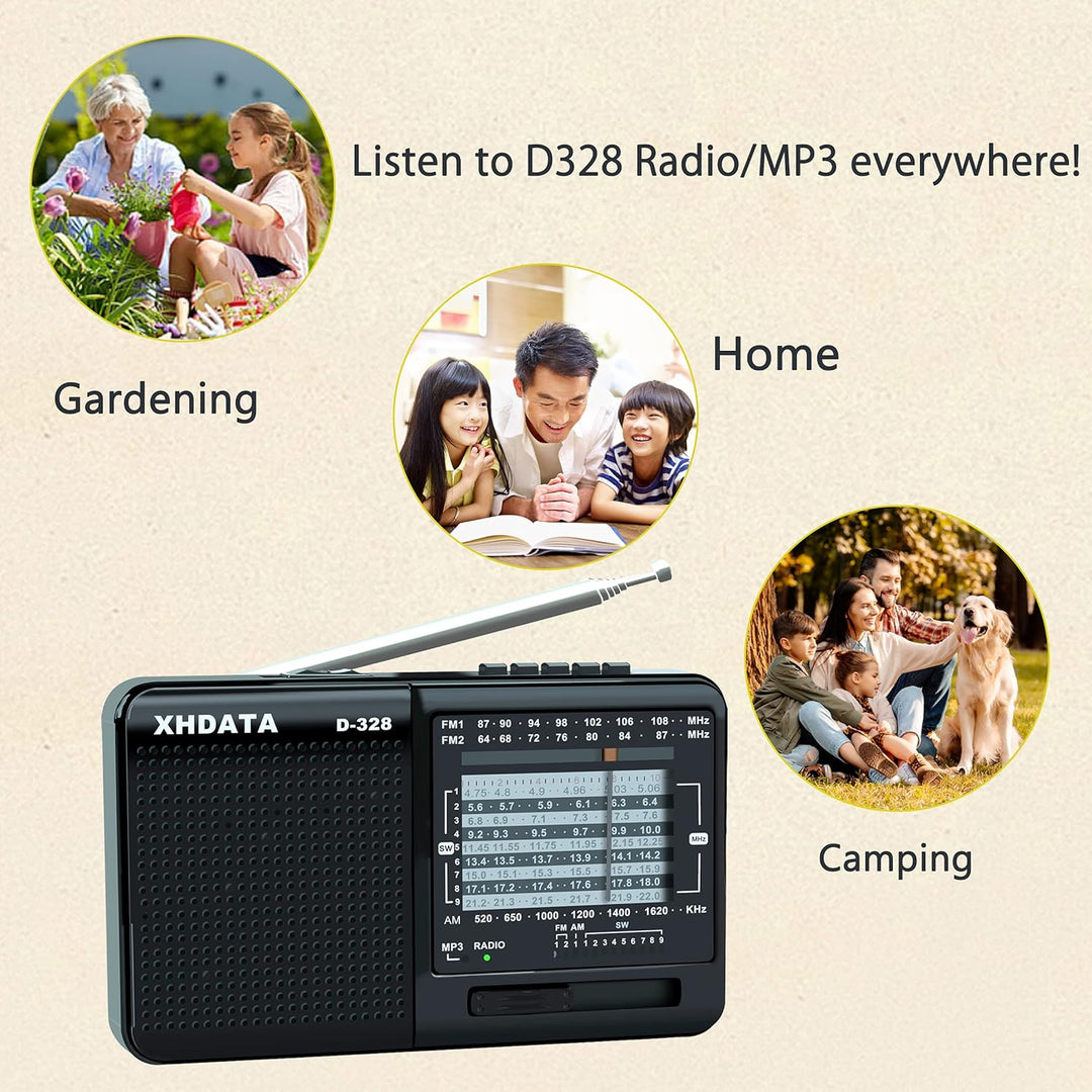 XHDATA D-328 Tragbarer Radio MP3 Player Unterstützt TF-Karte UKW AM SW Full Band Radio(Schwarz), Sch