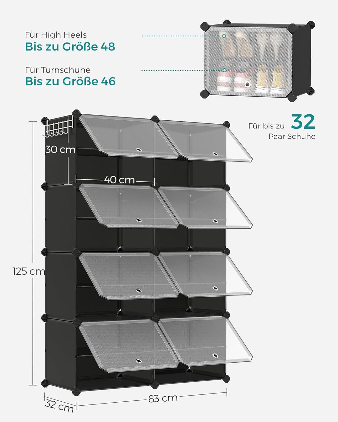 SONGMICS Schuhregal, Schuhschrank, für Garderobe und Eingangsbereich, anpassbar, 8 Fächer, für bis z