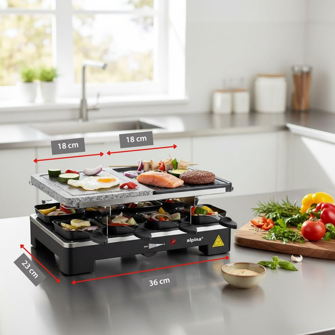alpina Elektrogrill WJ-K202A - Tischgrill Elektrisch 1200W - Raclette 8 Personen mit 2 Lagen - mit 8