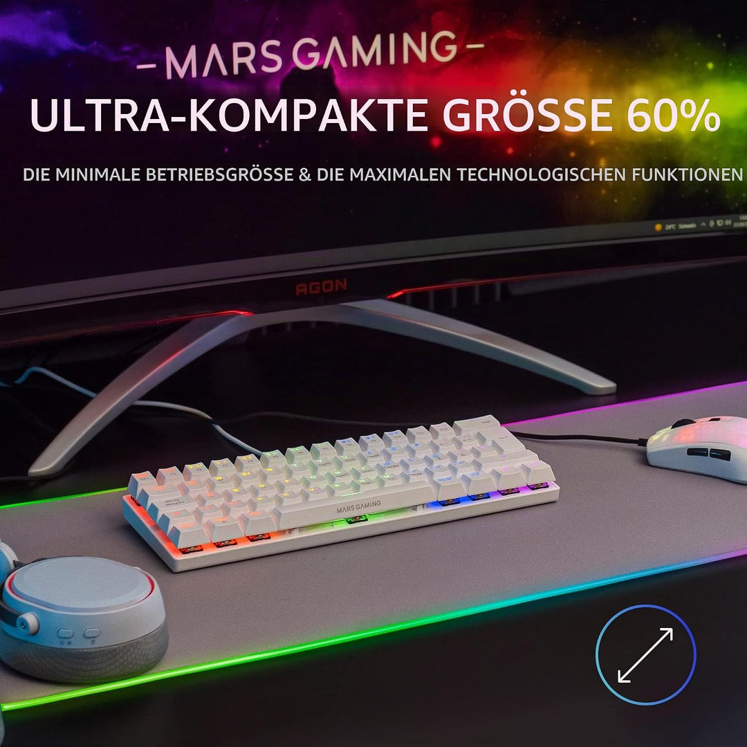 MARSGAMING Gaming MK60 Weiss, Mechanische Tastatur FRGB, Antighosting, Switch Mechanischer Braun, It