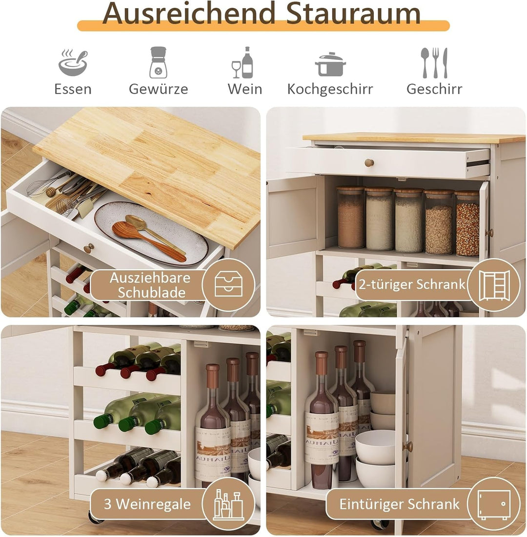 GIANTEX Küchenwagen auf Rollen, bewegliche Kücheninsel mit Arbeitsplatte, Küchenregal mit Flaschenab