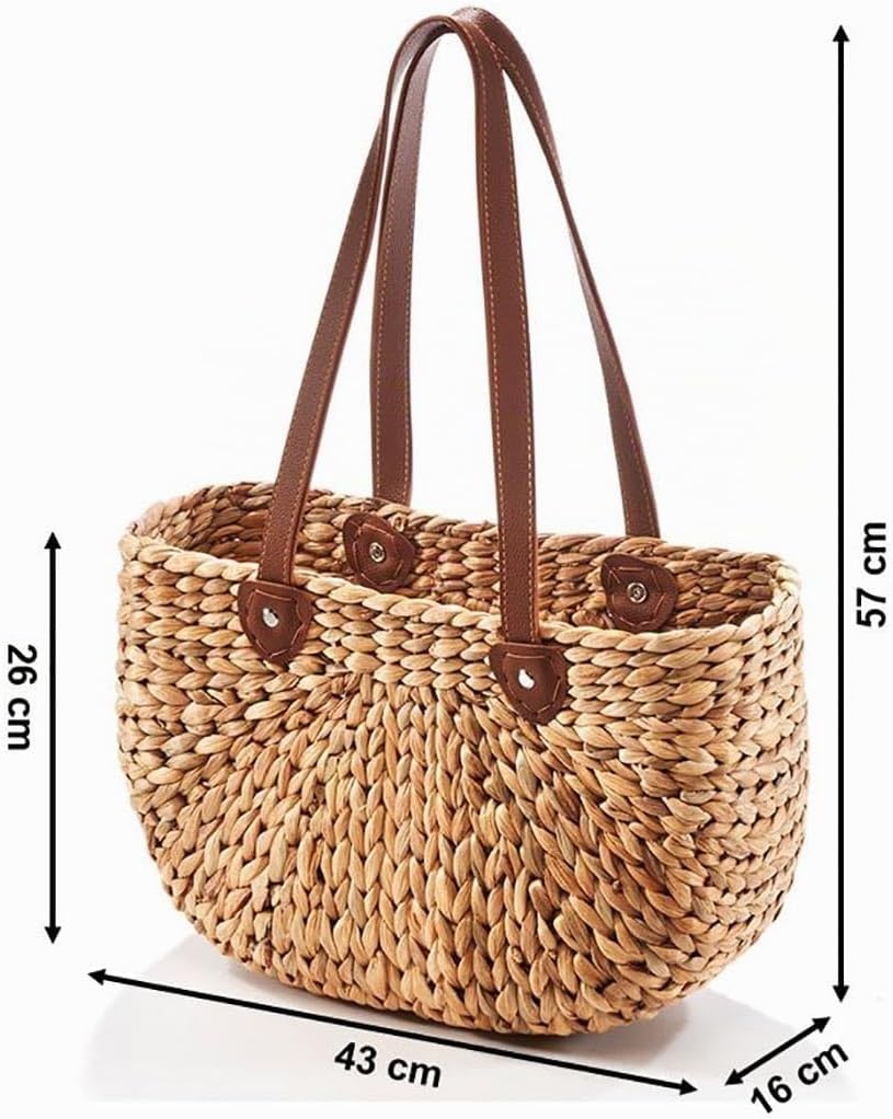 Kobolo Tasche Wasserhyazinthe, 43x16x26 cm, braune, geflochtene Henkeltasche mit robusten Kunstleder