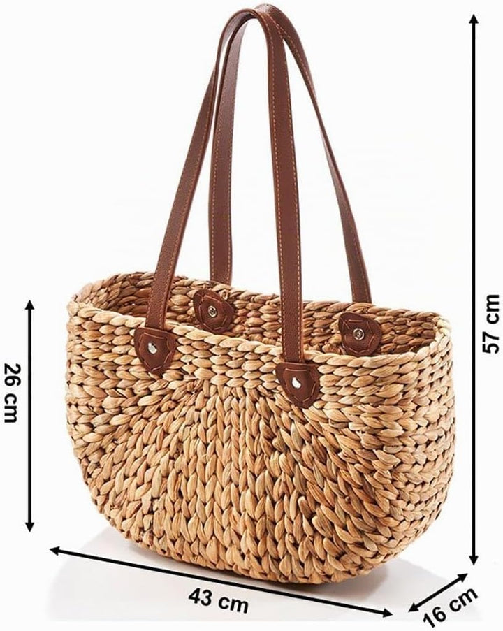Kobolo Tasche Wasserhyazinthe, 43x16x26 cm, braune, geflochtene Henkeltasche mit robusten Kunstleder