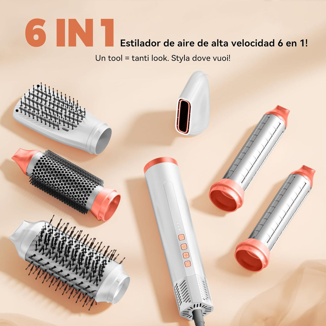 6 in 1 Hairstyler, 110000 U/MIN Haartrockner & Haarstyler Set mit Rundbürstenföhn, Warmluftbürste, T