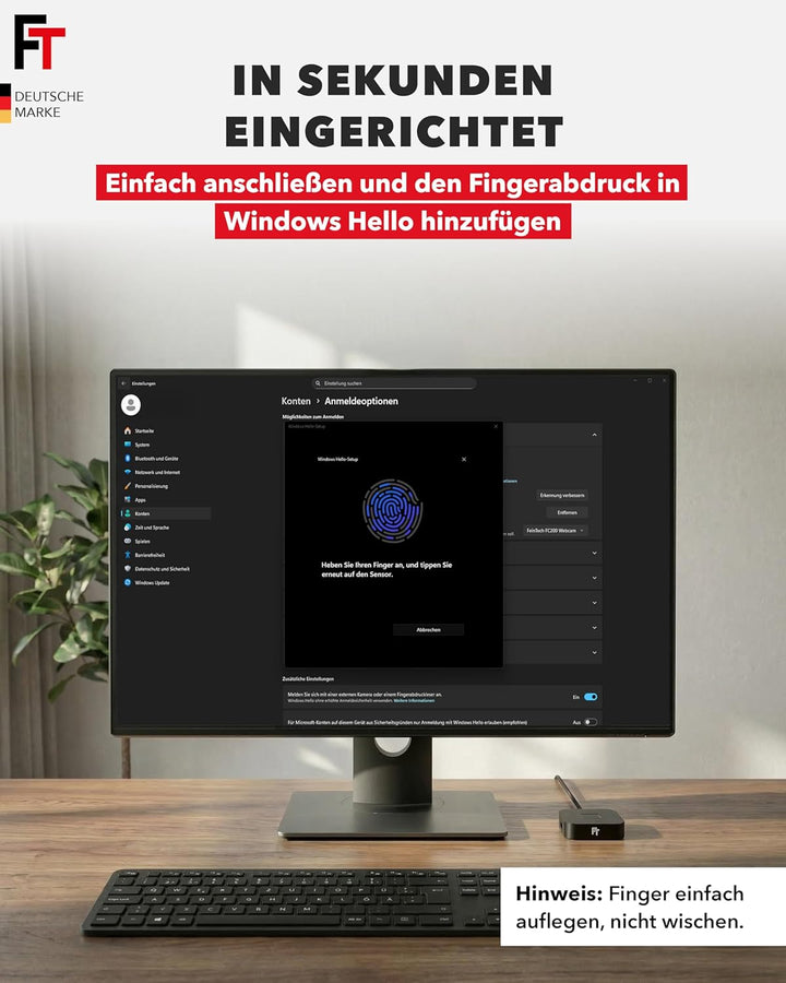 FeinTech FPS400 USB 3.0 Hub mit Fingerabdruck-Sensor für Windows Hello mit USB-Hub, mit USB-Hub